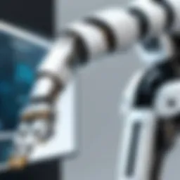 A futuristic robotic arm holding a digital interface
