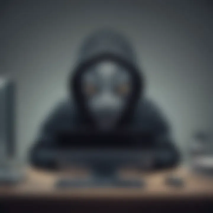 Illustration depicting a shadowy figure hiding behind a computer screen