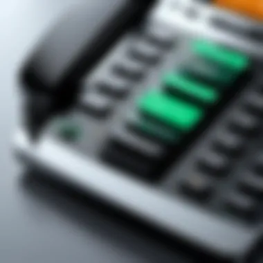 Close-up of an IP phone interface highlighting features.