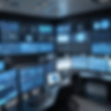 Modern Security Operations Center A modern Security Operations Center with advanced technology and screens displaying threat data.