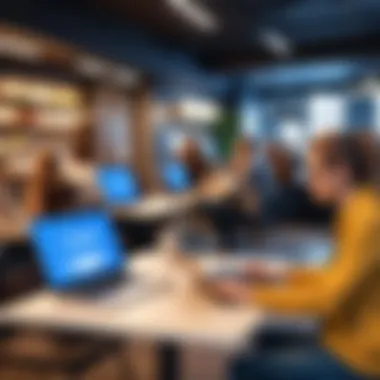 Safe Use in Public Settings A public café setting with patrons using laptops safely