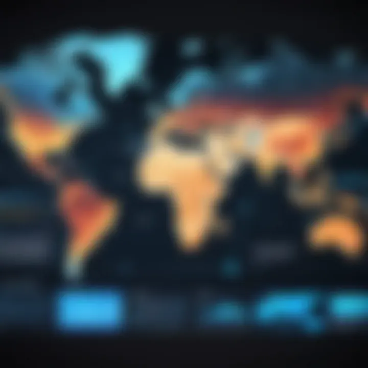 A digital representation of a global cyber map showcasing various cyber threats.