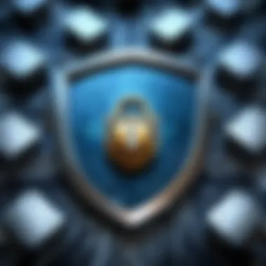 National Security in Cyber Warfare A visual metaphor for national security in the cyber realm, featuring shields and digital locks.