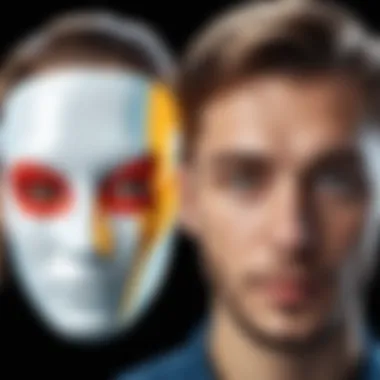 The Dual Faces of Online Interactions Two contrasting masks symbolizing false identities
