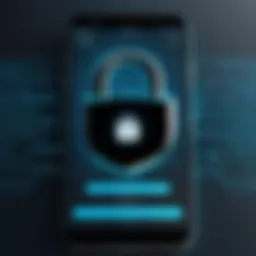 A conceptual illustration of mobile app security testing with a digital lock and smartphone.