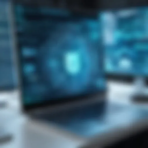 An abstract representation of cybersecurity threats looming over a digital landscape