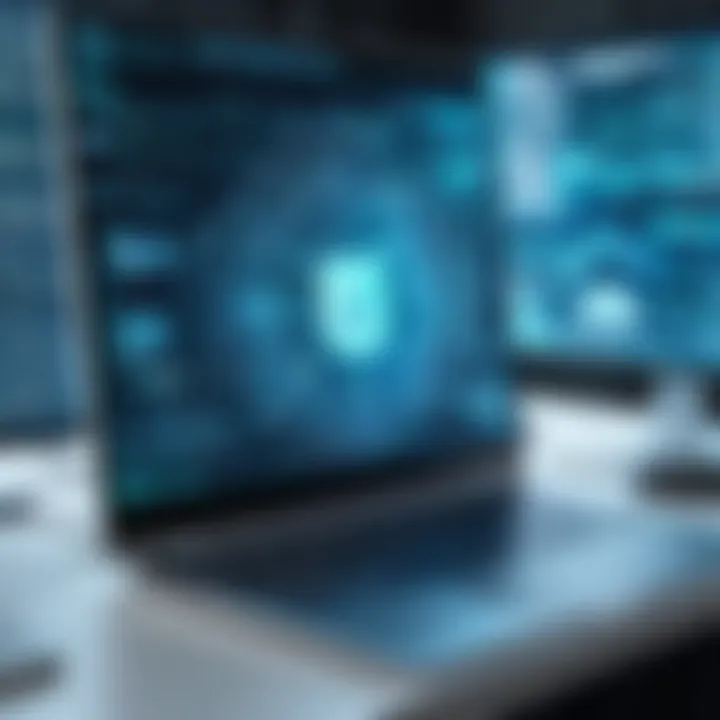 An abstract representation of cybersecurity threats looming over a digital landscape