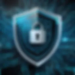 A secure digital network represented by a locked shield and data flow