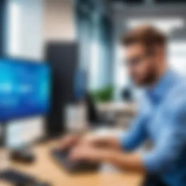 Configuring a WiFi Access Point Controller A professional IT specialist configuring a WiFi Access Point Controller in an office setting.