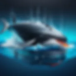 A conceptual illustration of whale phishing, depicting a massive whale representing high-profile targets amidst a digital ocean.